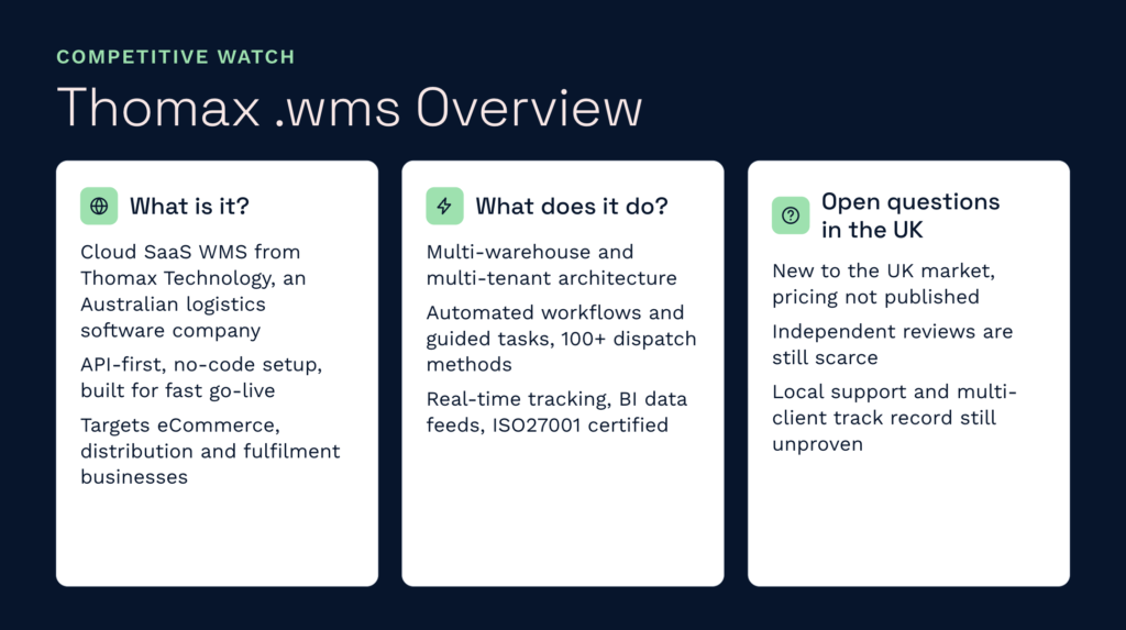 Thomax wms overview | clarus wms An infographic providing a competitive overview of thomax. Wms, detailing its cloud saas features, multi-warehouse capabilities, and unproven status in the uk market. This competitor analysis helps clarus wms users compare alternative warehouse management systems and make informed software decisions.